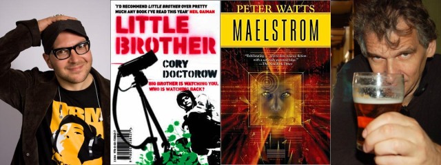 Cory Doctorow (left) and Peter Watts (right), with book titles they offer for free.