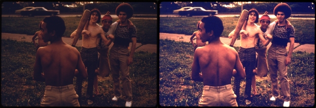 "Puerto Rican boys playing softball in Brooklyn's Hiland Park" (1974) by Danny Lyon.